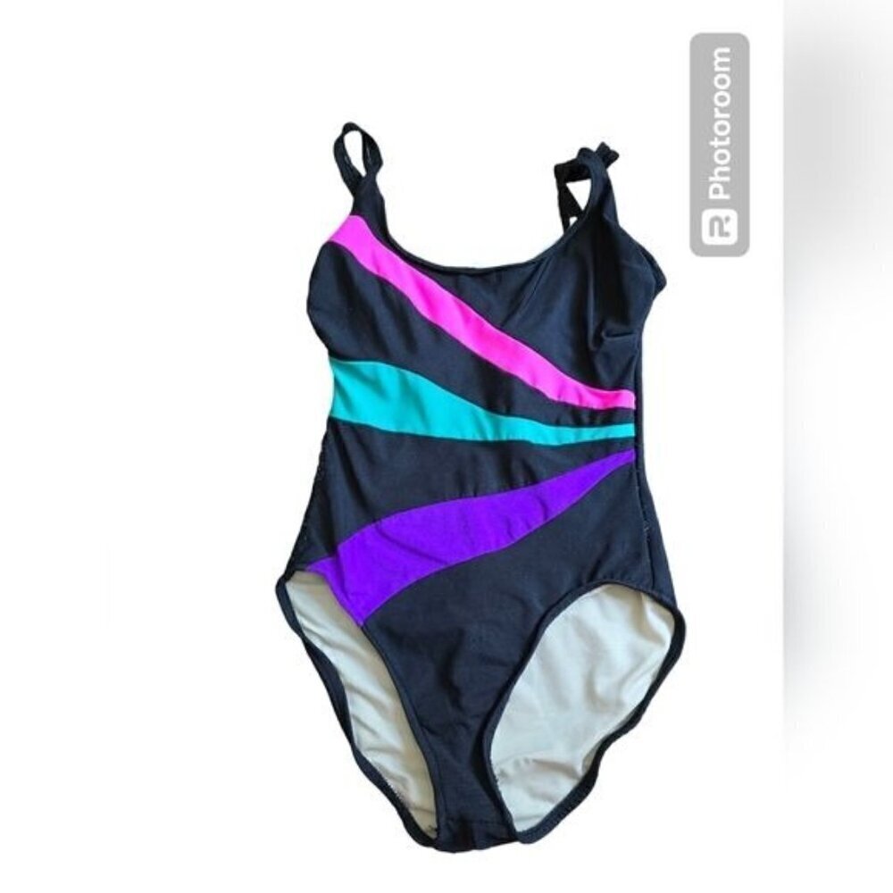 Vintage 90s Black Neon Pink Purple Striped One Piece Swimsuit Tall